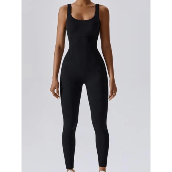 Women's Bodycon Yoga Jumpsuit, Sleeveless Ribbed Square Neck One Piece Workout Romper for Fitness