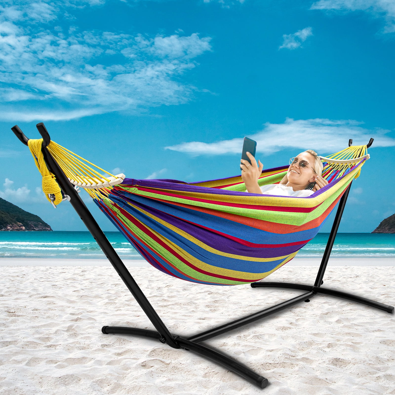 SZHLUX Double Hammock with Stand Included 450lb Capacity Steel Stand, Premium Carry Bag Included and Two Anti Roll Balance Beam,Rainbow