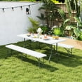 thumbnail image 4 of Gymax 3 PCS Folding Picnic Table Set w/ 6 ft Table & 2 Benches HDPE Tabletop Bench Top Coffee, 4 of 8