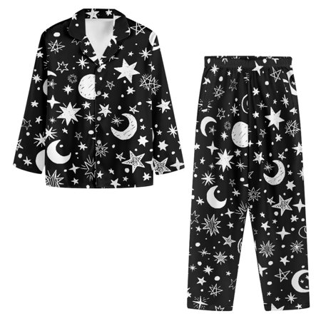

NETILGEN Star & Moon Pattern Comfortable Womens Pj Button up Long Sleeve Shirt 2 Pieces Stretchy Button Pajama Women Leisure Button Down Pj Shirt Fit Multi Season