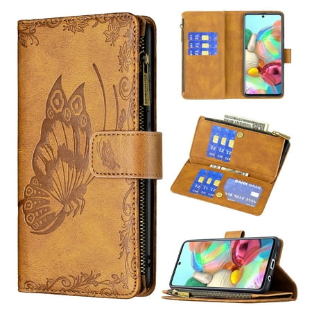 Dteck Galaxy A32 5G Wallet Case, Embossed Butterfly PU Leather Folio Flip Phone Case Stand Protective Cover with 6 Credit Card Holder / Zipper Pocket for Samsung Galaxy A32 5G, Brown