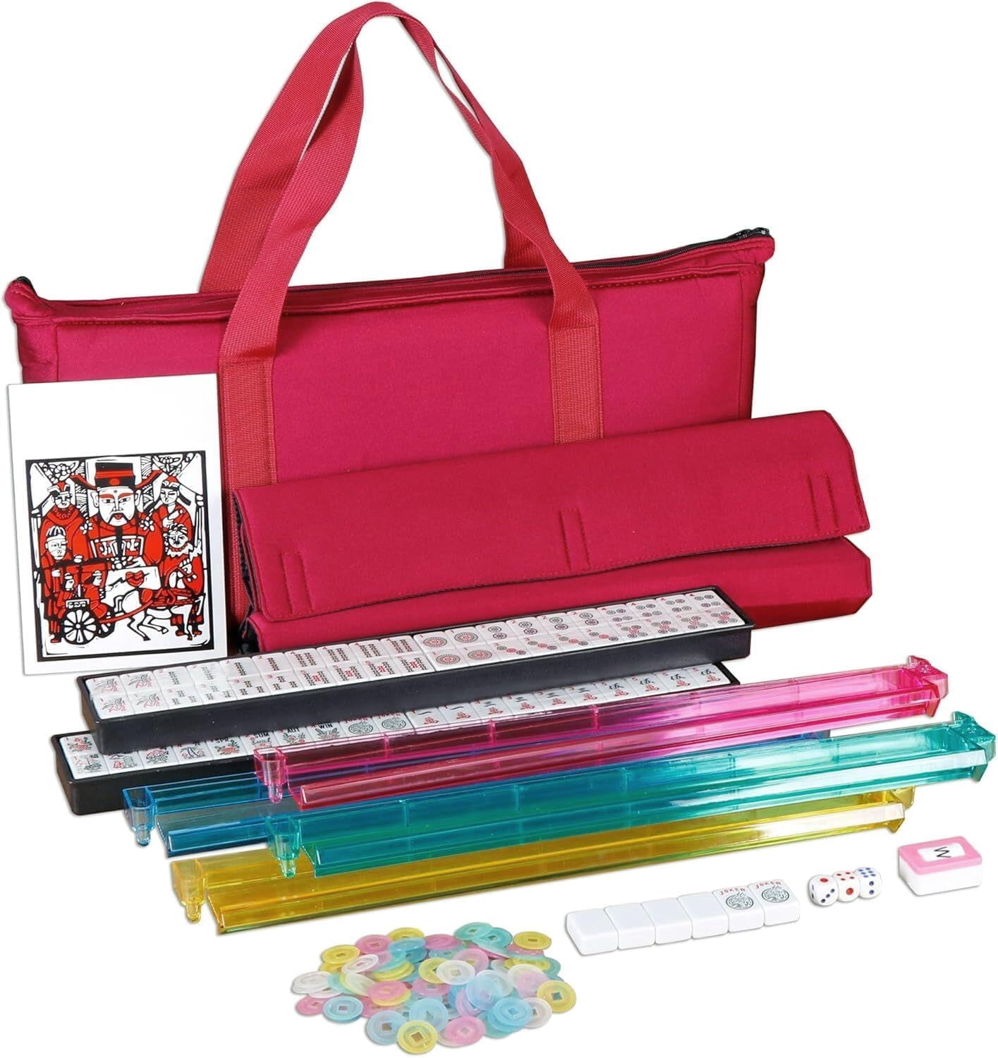 F2C 166-Tile American Mahjong Set | Premium Melamine Tiles, 4 Color Rack/Pushers, Red Travel Bag, Full Accessories for Family & Party