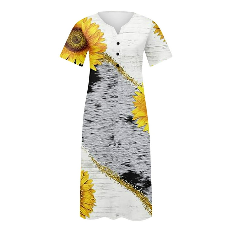 SXAURA Women's V-Neck Short Sleeve Sunflower Print Dress