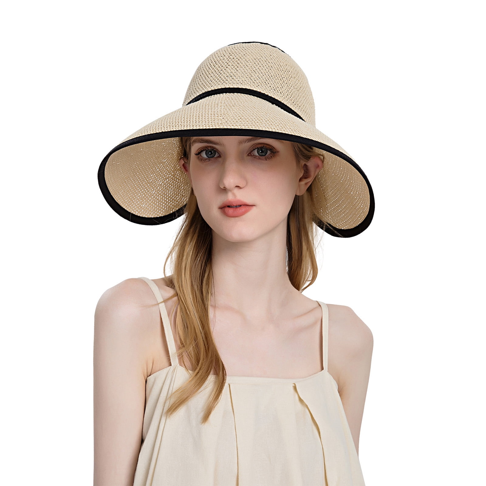 Fesfesfes UPF50+ Wide Brim Visor Hat for Women, Straw Beach Sun Hat Sun ...