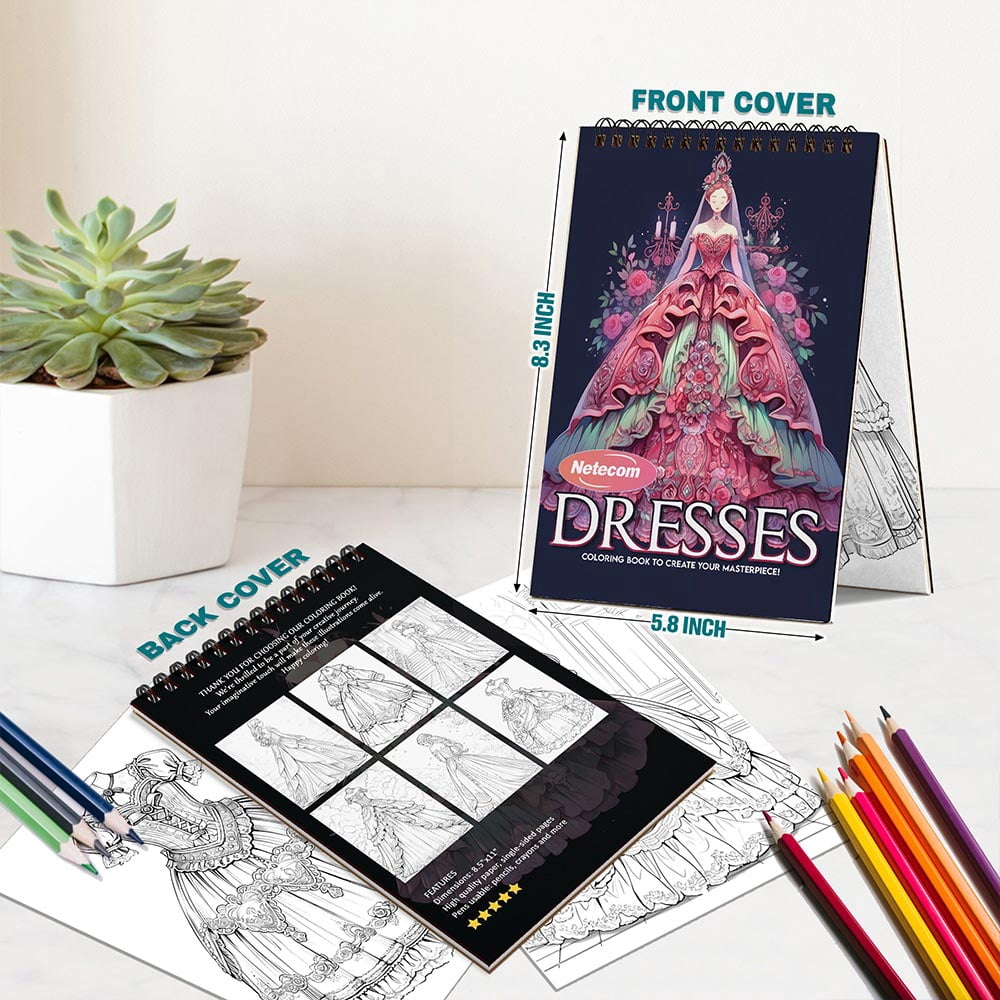 Netecom Dresses Coloring Book Spiral Bound For Adults, A5 Wooden Cover, 30 Elegant Coloring Pages of Vintage Gowns for Stress Relief and Relaxation