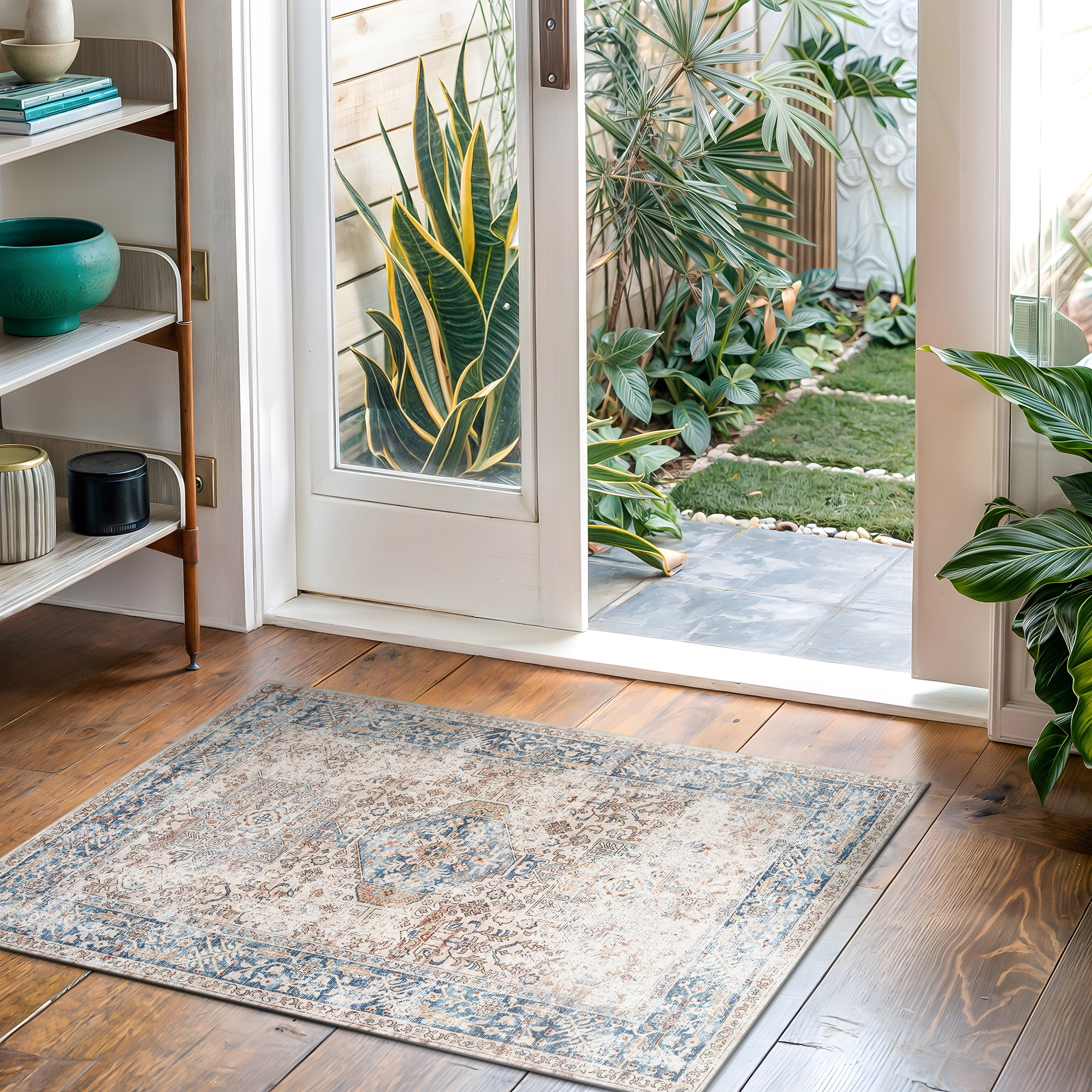 Bloom Rugs Washable Non-Slip 2x3 Rug - Beige / Ocean Blue Traditional Oriental Area Rug for Living Room, Bedroom, Dining Room, and Kitchen - Exact size: 2' x 3'