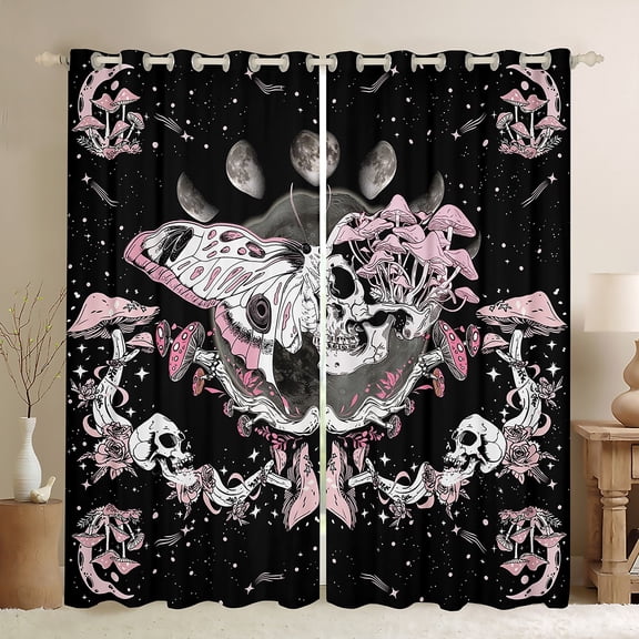 Castle Fairy Female Men Abstract Moth Skull Black Out Curtains,Gothic Style Curtains Pack of 2 (42x63 Each),Botanical Mushroom Galaxy Bedroom Curtains,Lightweight Room Decor
