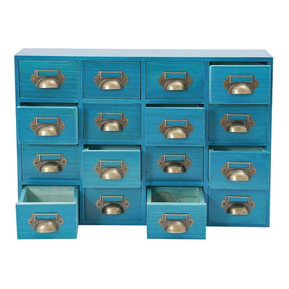 TFCFL 16 Compartments Storage Cabinet Tabletop Drawers Organizer Wooden Medicine Cabinet Blue