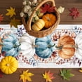 thumbnail image 3 of Fall Table Runner Thanksgiving Orange Blue White Pumpkin Table Runners Autumn Eucalyptus Leaf Wood Grain Cotton Linen Dresser Scarf Kitchen Dining Table Decor for Fall Holiday Party Decor 13x36 Inch, 3 of 9