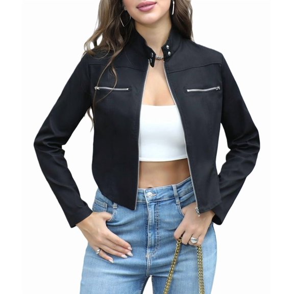 Casual Light-Weight Jackets for Women Trendy Long Sleeve Zip Up Fall Coats Going Out Biker Cropped Jacket Black L