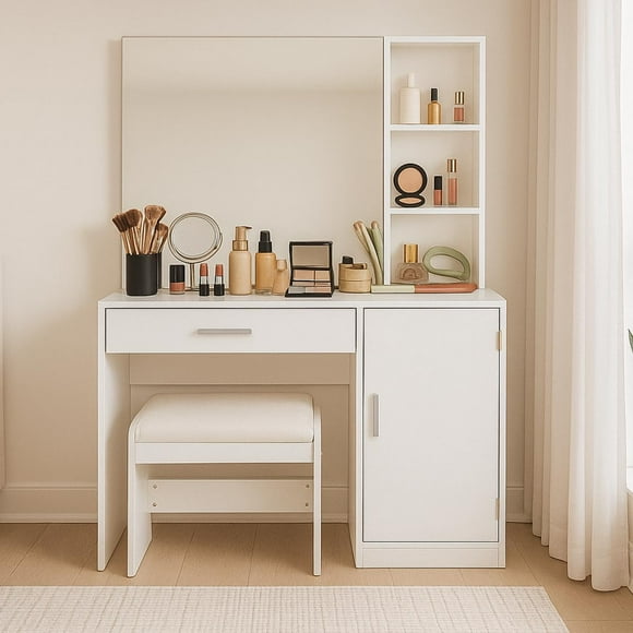 Tocador vanity con espejo para recamara blanco con cajones