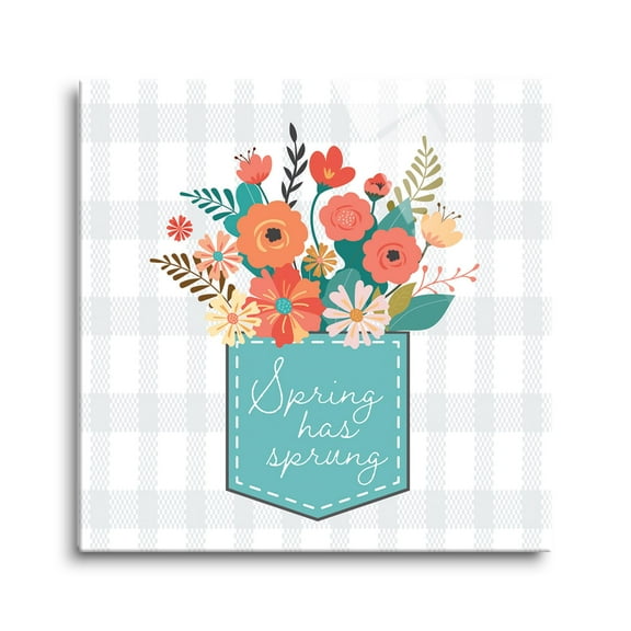 Spring Has Sprung Orange Floral Plaid 8 x 8 Glass Wall Hanging Sign