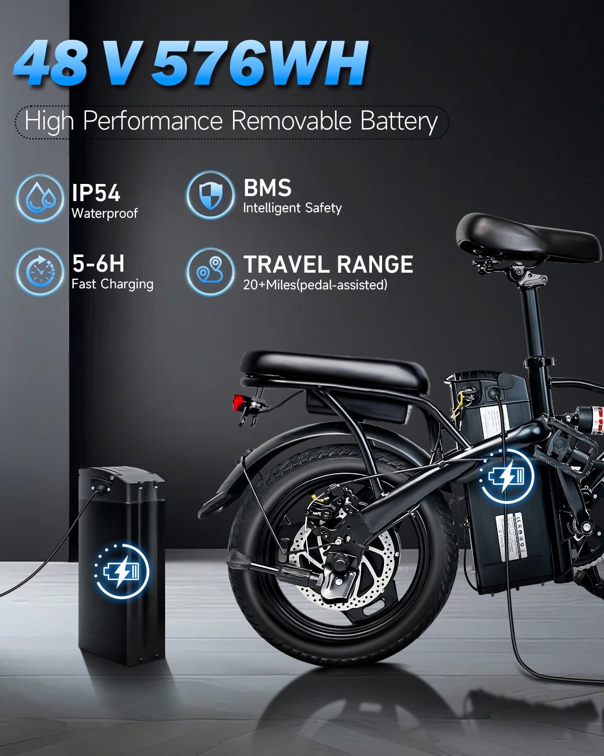 Bycyla Electric Bike for Adults, Ebike, Electric Bicycle with 576WH Removable Battery,14" Folding Ebike, 21MPH,20+ Miles(MAX),500W High Motor,Multi-Shock Absorption,Commuting Mini E Bikes