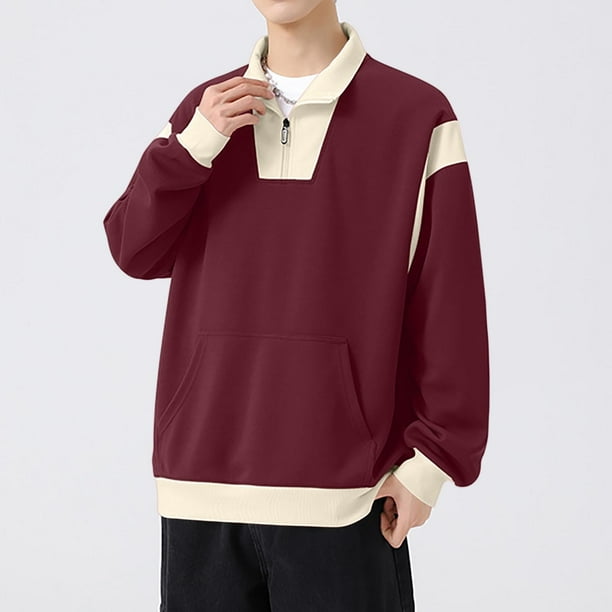 pstuiky camisetas de manga larga para hombre, Camisa informal de manga larga con cuello alto y bolsillos con cremallera y bloques de color para hombre Tops de hombre l