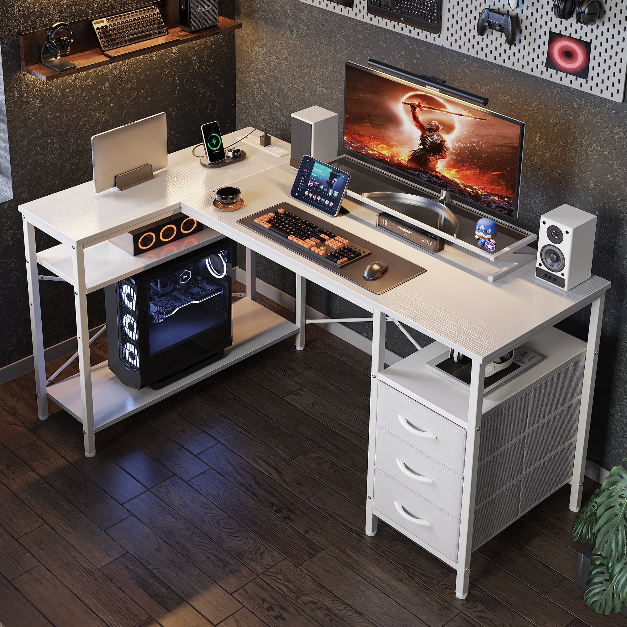 47 Inch L Shaped Office Desk with Power Outlets, Computer Desk with Drawers, Corner Desk for Home Office