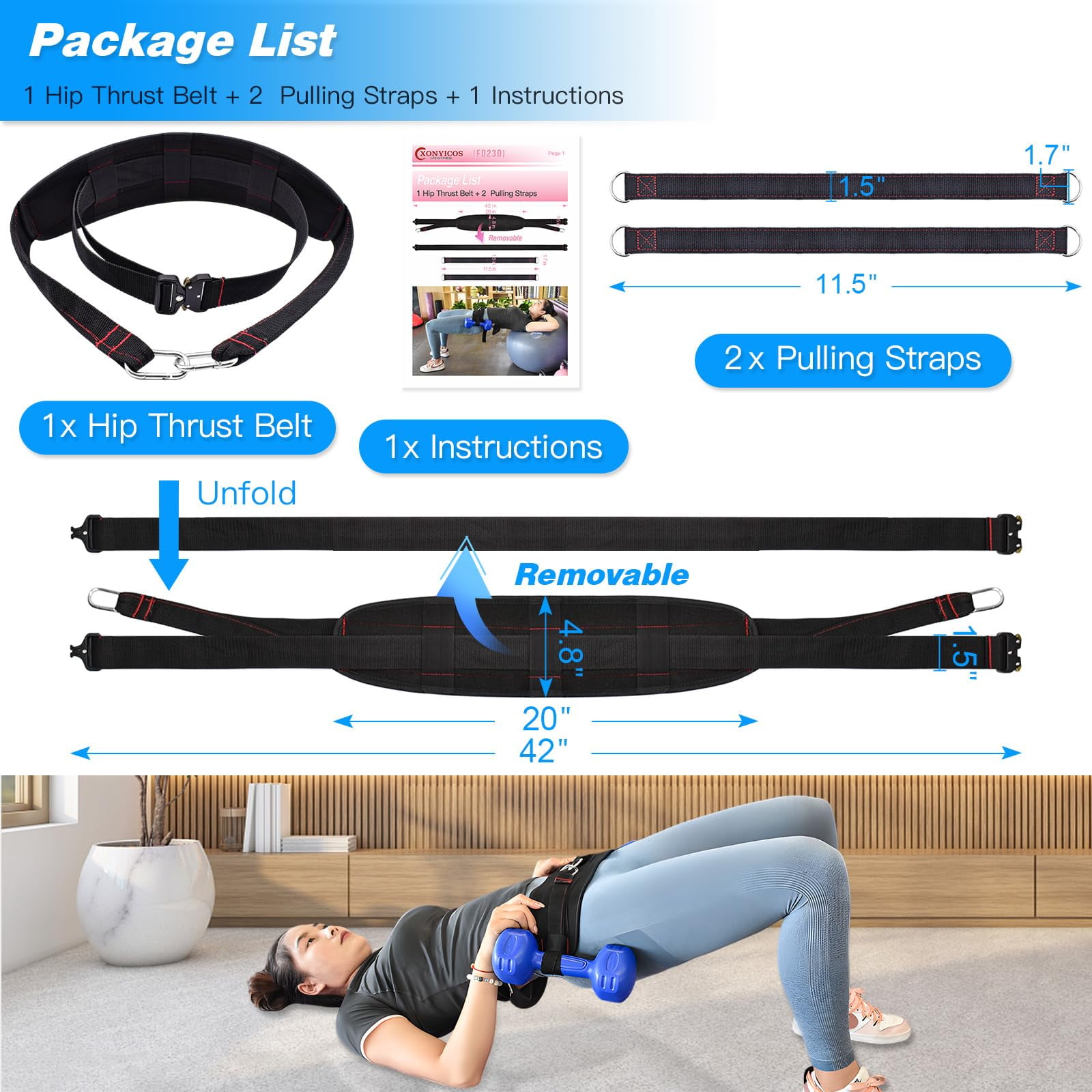 Hip Thrust Belt, Comfortable Booty Belt For Hip Thrust Hip Home Gym Hip Thrust Band Belt For Weights To Hold Kettlebells, Dumbbells & Plates 27.56 * 5.51" (Black