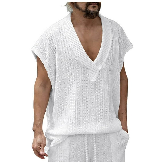 Men's V Neck Loose Fit Jacquard Knit Sleeveless Casual Tank Top Breathable Comfortable Summer Vest Men's Tops T-Shirt Casual Crew Neck Loose