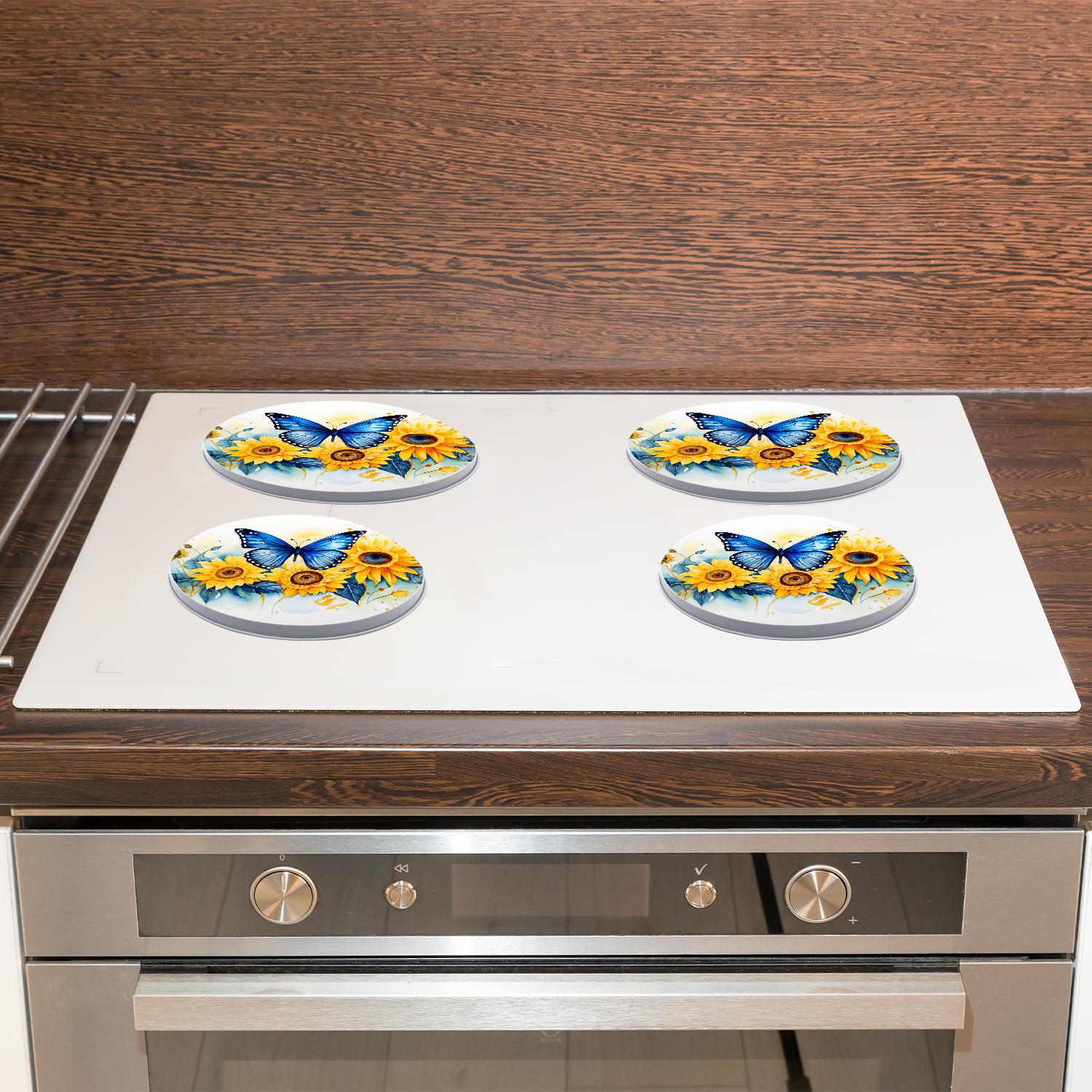 Round Stove Burner Covers 4 Pcs for Home Decor Cooktop Decorative ,Red Butterfly Yellow Sunflower in Garden pattern, Metal Round Stove Burner Covers 8Inch And 10Inch