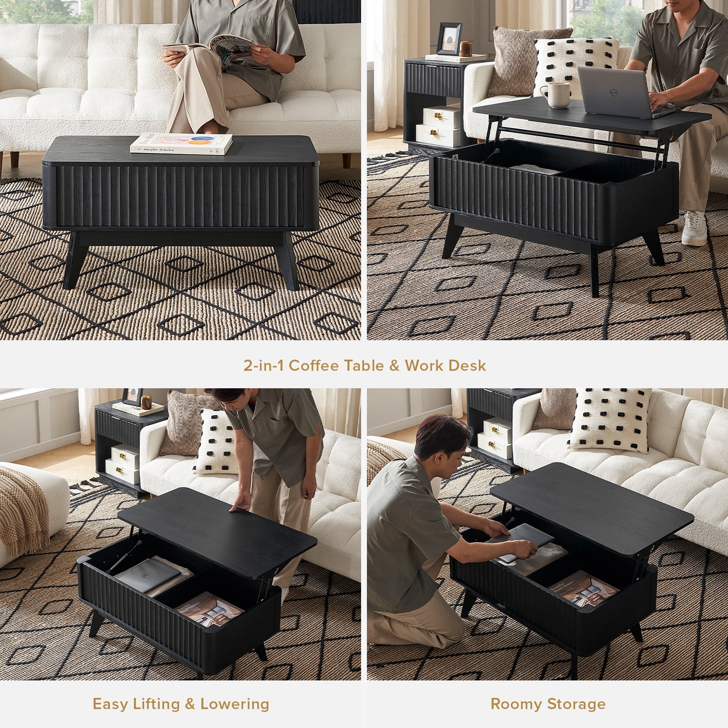 Mopio Lift-Top Coffee Table with Storage, Fluted Design, Black Oak Finish