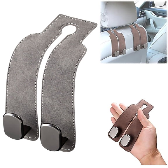 2 Pack Grey Leather Car Seat Headrest Double Hooks Organizer | Durable Leather & Metal Bag Holder | Car Seat Back Phone Mount | Space Saving Purse Hook for Wallets Bags | Fits Most Vehicles