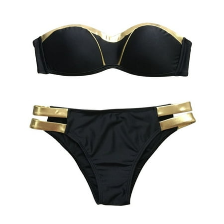 Women Mid Waist Bottom Sexy Gold Black Patchwork Padded Swimsuit Beach Bathing (Best Mid Priced Suits)