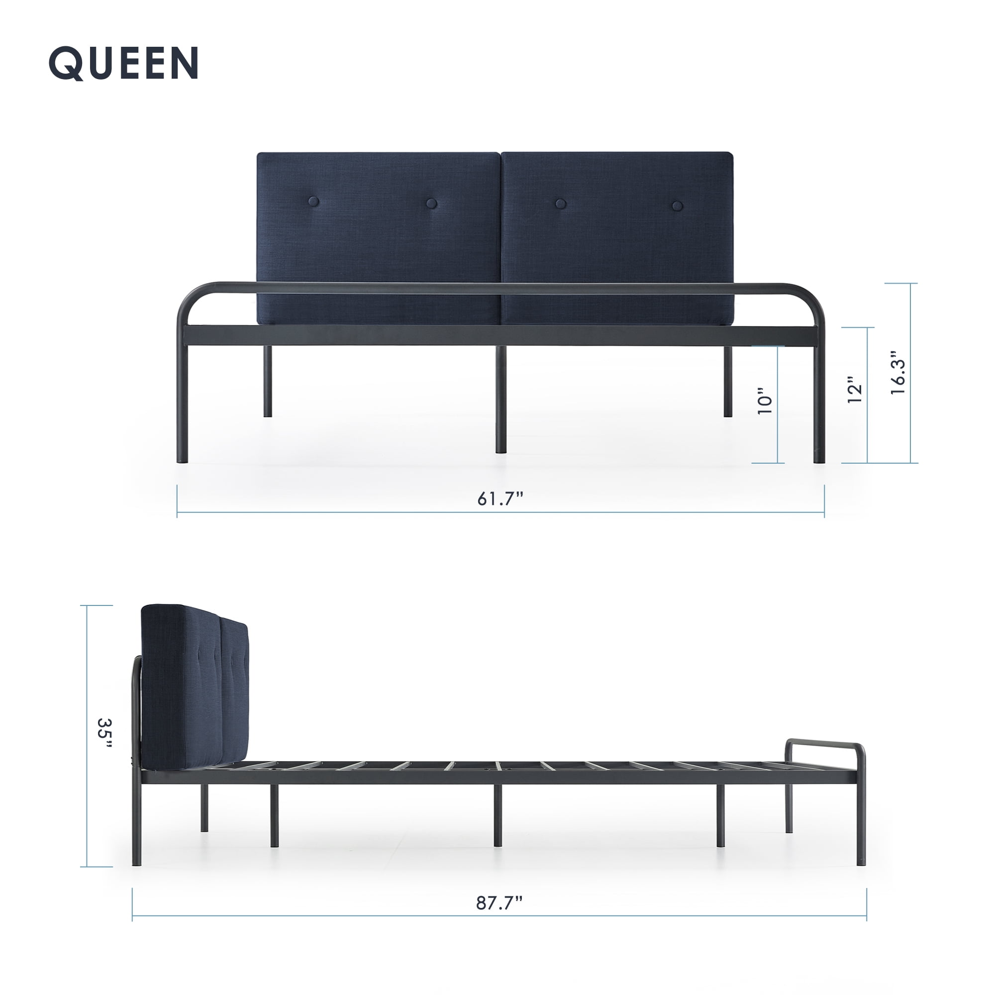 Mellow Maggie Metal Platform Bed with Upholstered Cushion Headboard, Navy, Queen