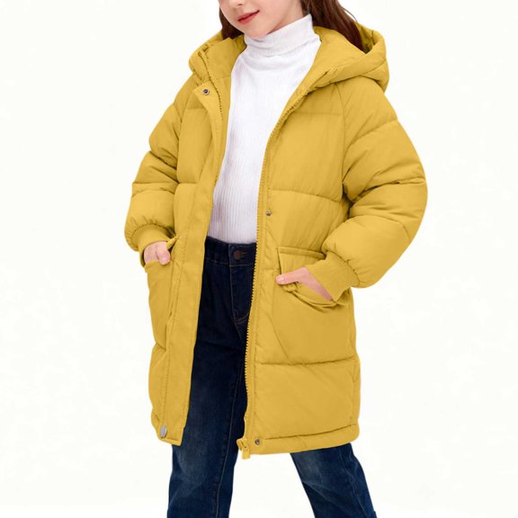 RYRJJ Girls Long Puffer Winter Coat Kids Hooded Parka Jacket Full Zip Long Sleeve Thickened Warm Outerwear with Pockets