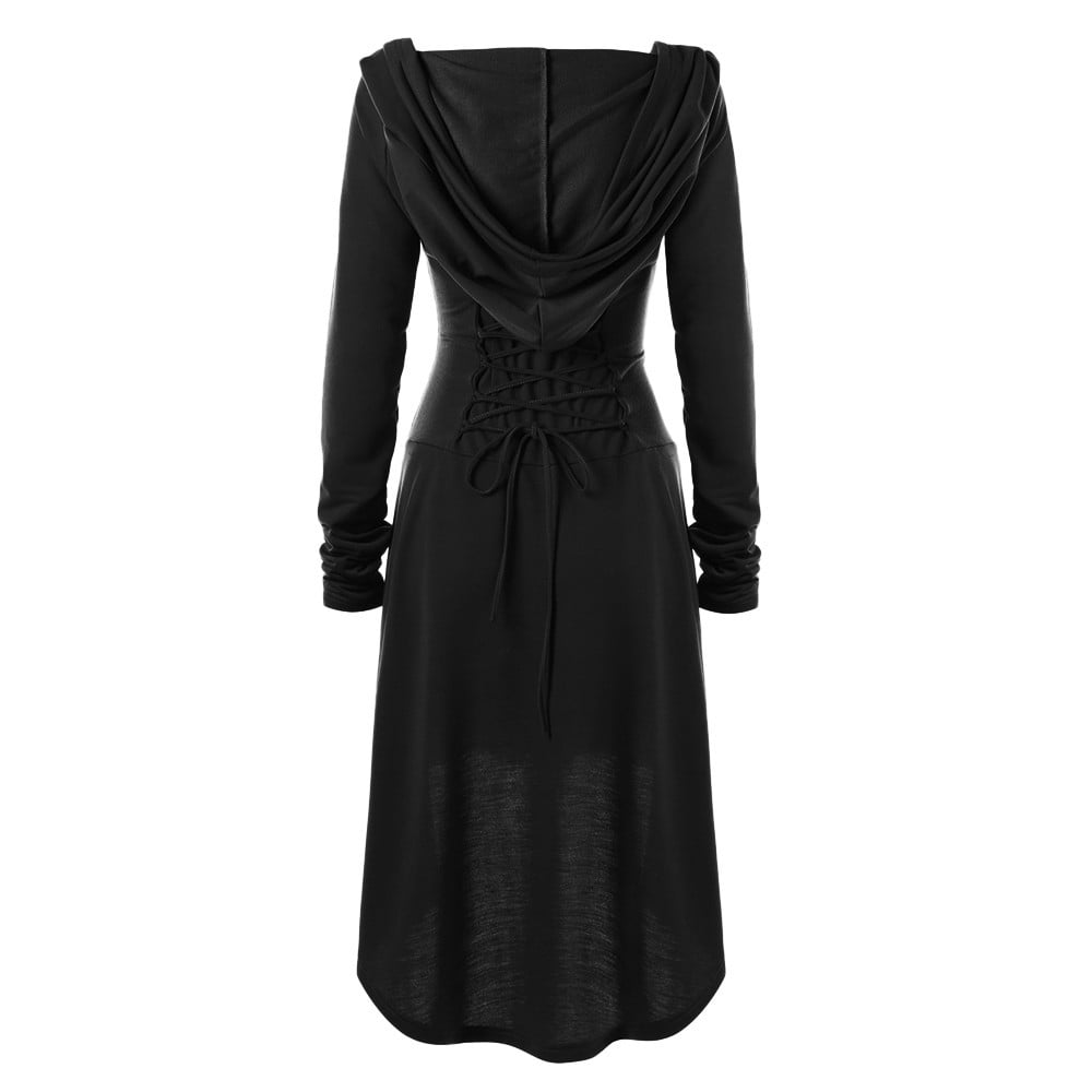 BODOAO Plus Size High-Low Sweater Dress – Christmas Hooded Patchwork Long Sleeve Dress With Lace Up Front, Cloak Style Coat Dress