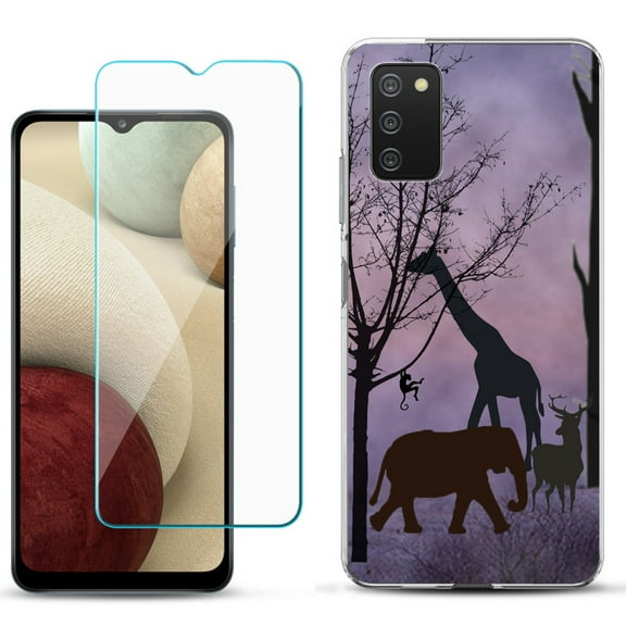 Slim-Fit TPU Phone Case Compatible with Samsung Galaxy A02s, with Tempered Glass Screen Protector, by OneToughShield ® - Twilight Safari