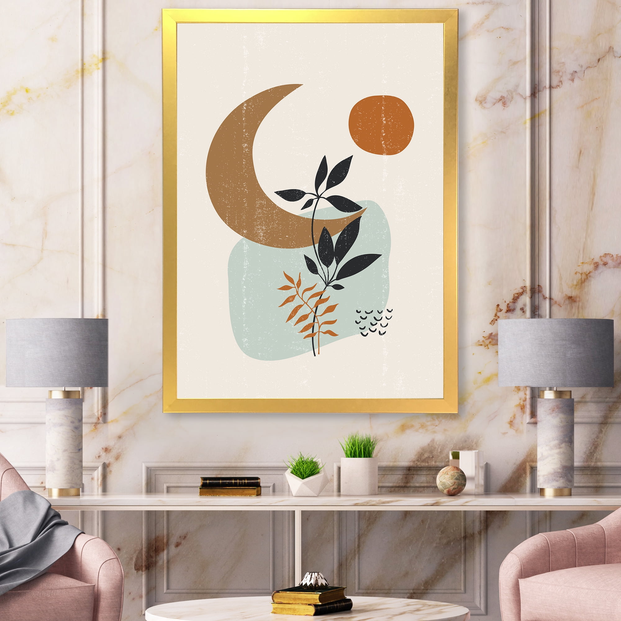 Designart 'Abstract Moon and Sun With Minimal Plants' Modern Framed Art Print