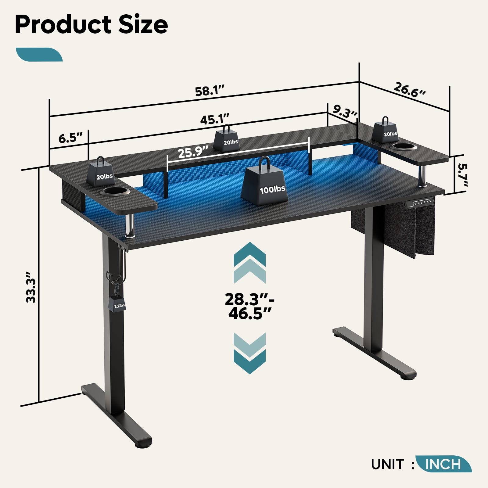 Bestier 58"x27" Gaming Electric Height Adjustable Standing Desk Stand up Desk with Monitor Shelf & LED Lights in Carbon Fiber