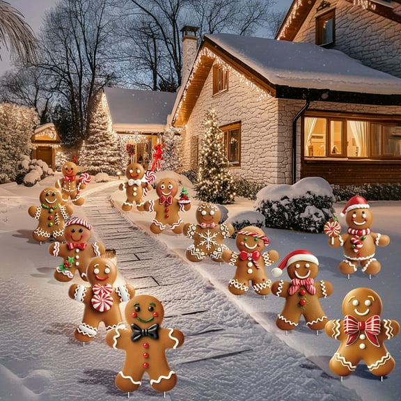 12pcs Christmas Gingerbread Man Yard Signs | Festive Lawn Decor with Stakes | Durable Plastic Pathway & Garden Decorations for Holiday Displays