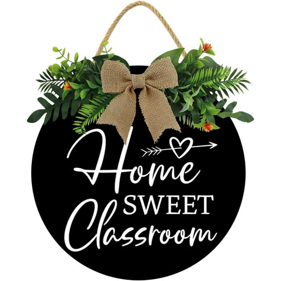 Eveokoki 11" Home Sweet Classroom Sign For Front Door With Greenery&Bow Decor Round Wood Hanging Sign Rustic Hanging Porch Decor For Farmhouse, Housewarming Gift,Modern Farmhouse Decor