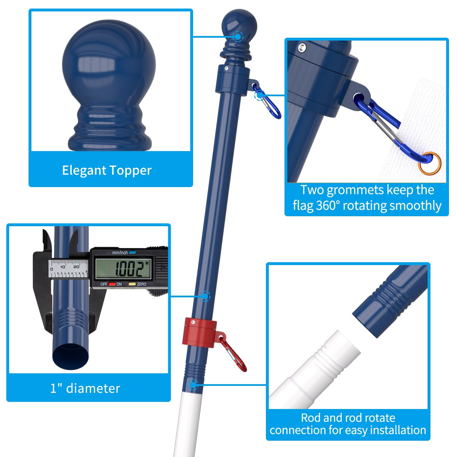 FIASON 1 Pack 6 FT Blue/White/Red Stainless Steel Tangle Free Wall-Mounted Flag Pole with Upgraded Bracket, Flag Pole Kit for Outside House, Residential or Commercial for American Flag (Without Flag)