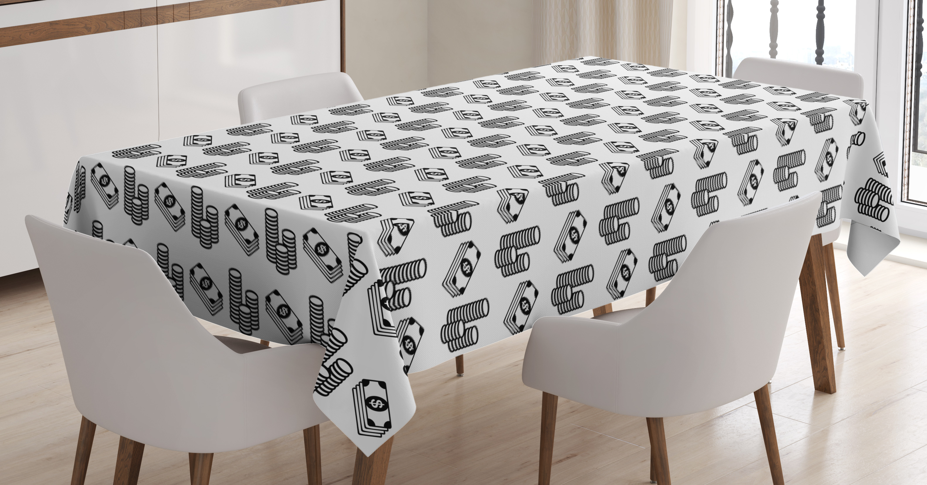 Money Tablecloth, Monochrome Stacked Coins and Dollar Bills Simple