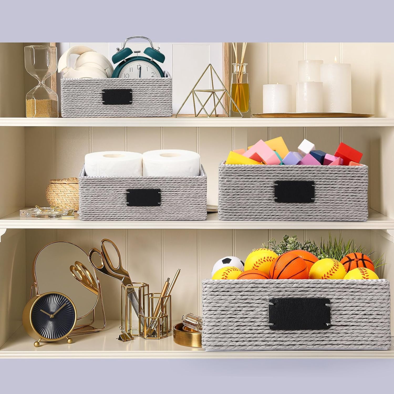 4 Pcs Woven Storage Baskets for Shelves Paper Rope Organizer Recycled Wicker Organizing Basket with Label Liner Large and Small Decorative Multifunctional Bins for Shelves Cupboards Drawer(Grey)