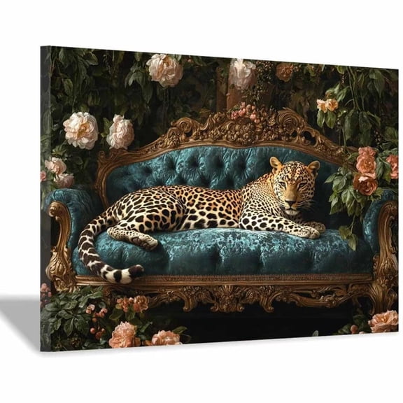 Mudket Framed Leopard on Teal Velvet Sofa Canvas Wall Art, Floral Leopard Print Wall Decor for Living Room, Luxury Animal Wall Art Ready to Hang - 12"L x 8"W
