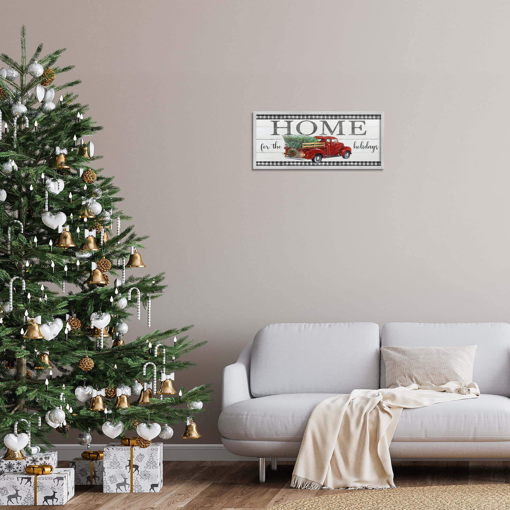 Stupell Industries Home For Holidays Truck Holiday Painting Gray Framed Art Prints Wall Art, 24 x 10