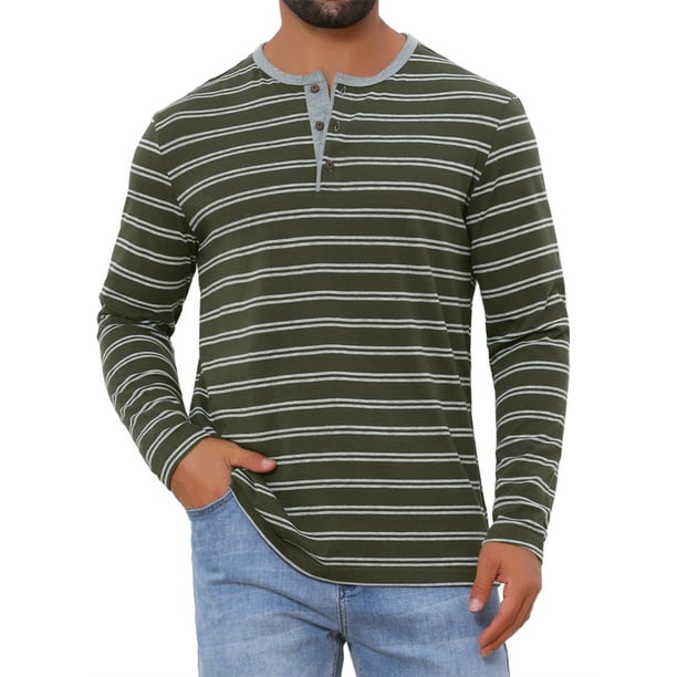 Camisetas Henley de Rayas de Colores Contrastantes de Manga Larga Casual para Hombre L Verde Oscuro