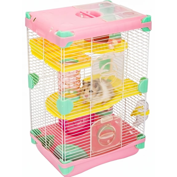 Qunbio 2-Level Hamster Cage, Gerbil House Habitat Kit, Hamster Cottage with Tubes Feeding Bottle Running Wheel, Pink & Yellow