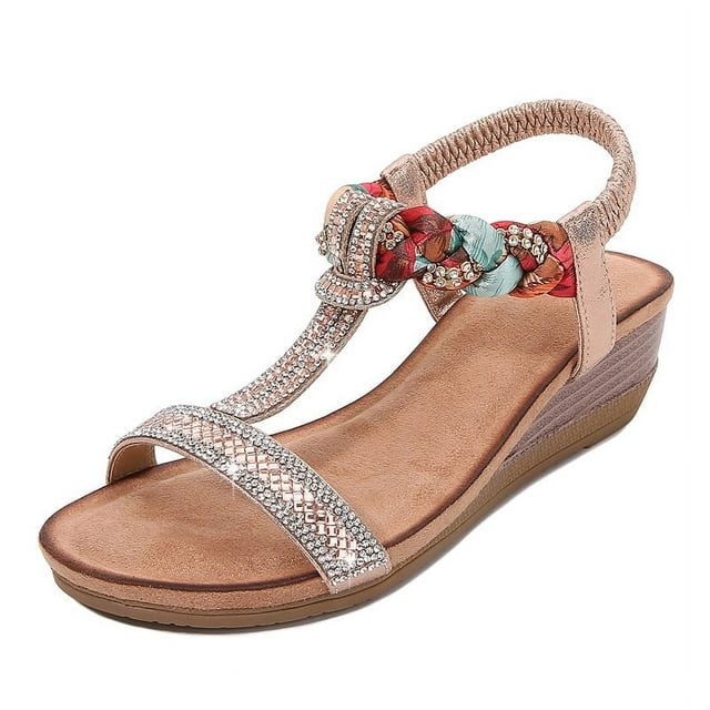 Womens Wedge Sandals Summer Rhinestone Beaded Platform Sandals Breathable Cutout Open Toe Elastic Band Dress Sandals Comfy Elastic Slingback T Strap Mid Heeled Beach Sandals Shoes for Women Girls