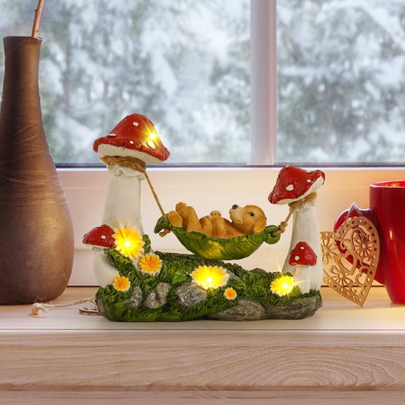 Solar Puppy Swing Garden Statue with Mushroom & LED Lights, 8.2" Resin Outdoor Decor for Patio, Yard, Lawn