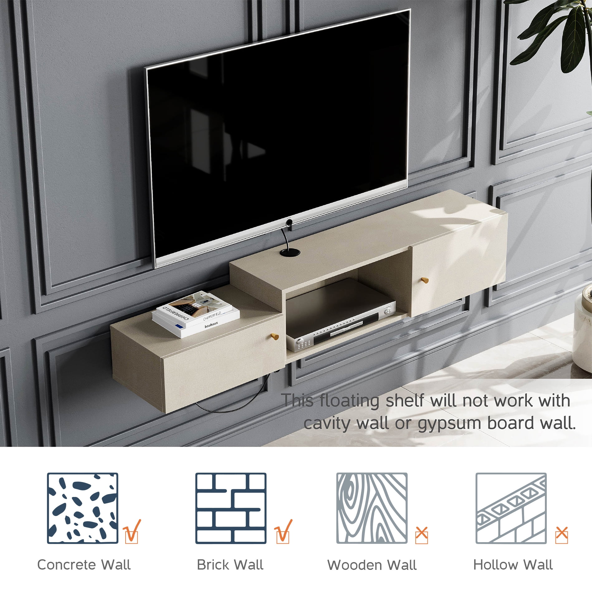 Floating Entertainment Center with Charging Station, Wall Mounted TV Stand with Colorful Light, Media Console Center with Storage, Modern Shelf Hanging Hutch Component Under TV,59''