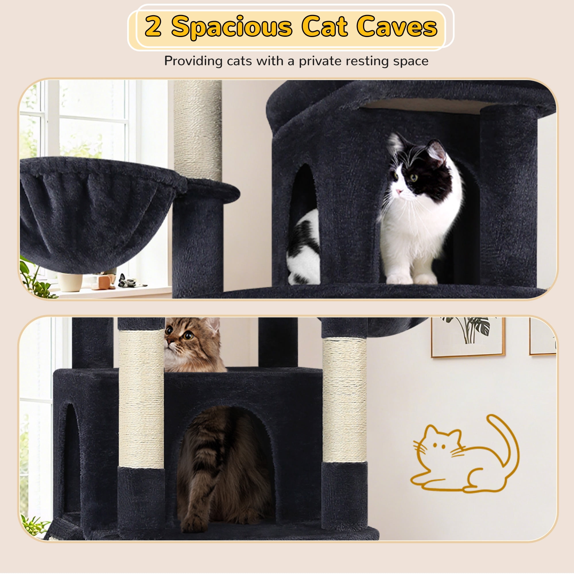 Globlazer 78" Multi-Level Large Cat Tree and Tower Condo for Indoor Cats with Sisal Scratching Posts, Condos, Hammock & Hammock, Dark Gray