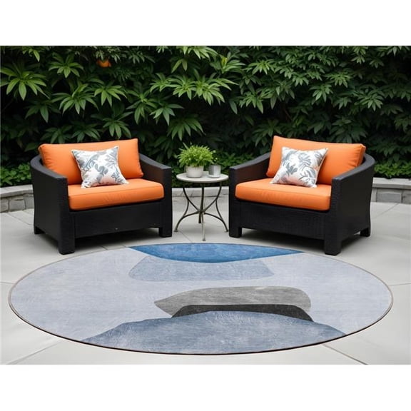 HomeRoots 562169 8 ft. Round Blue Gray & Black Round Abstract Washable Non Skid Indoor Outdoor Machine Woven Area Rug
