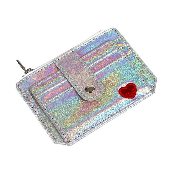 unbranded Holographic PU Leather Embroidery Lady Purse Shinning Handbag Creative Women Wallet with Zipper for Bank Cards Money (Silver)