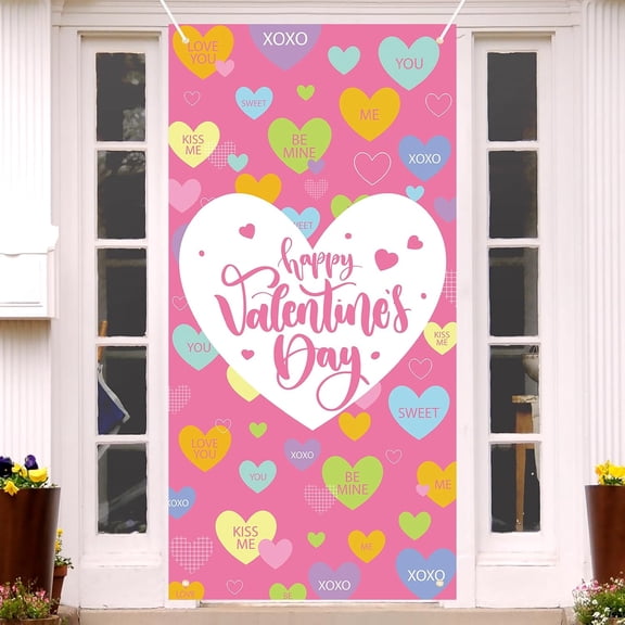 73 x 36 Inch Happy Valentine’s Day Banner Door Cover, Colorful Candy Heart Themed Porch Sign, Large Pink Front Door Wall Backdrop for Indoor Outdoor Romantic Party Decorations and Photo Booth Props