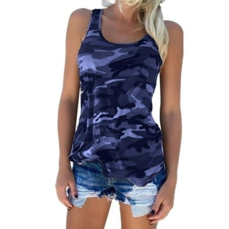 Navy Crop - Womens Summer Fashion Sleeveless Camouflage Casual Shirt Vest Crop Tank Tops Blouse Camisole