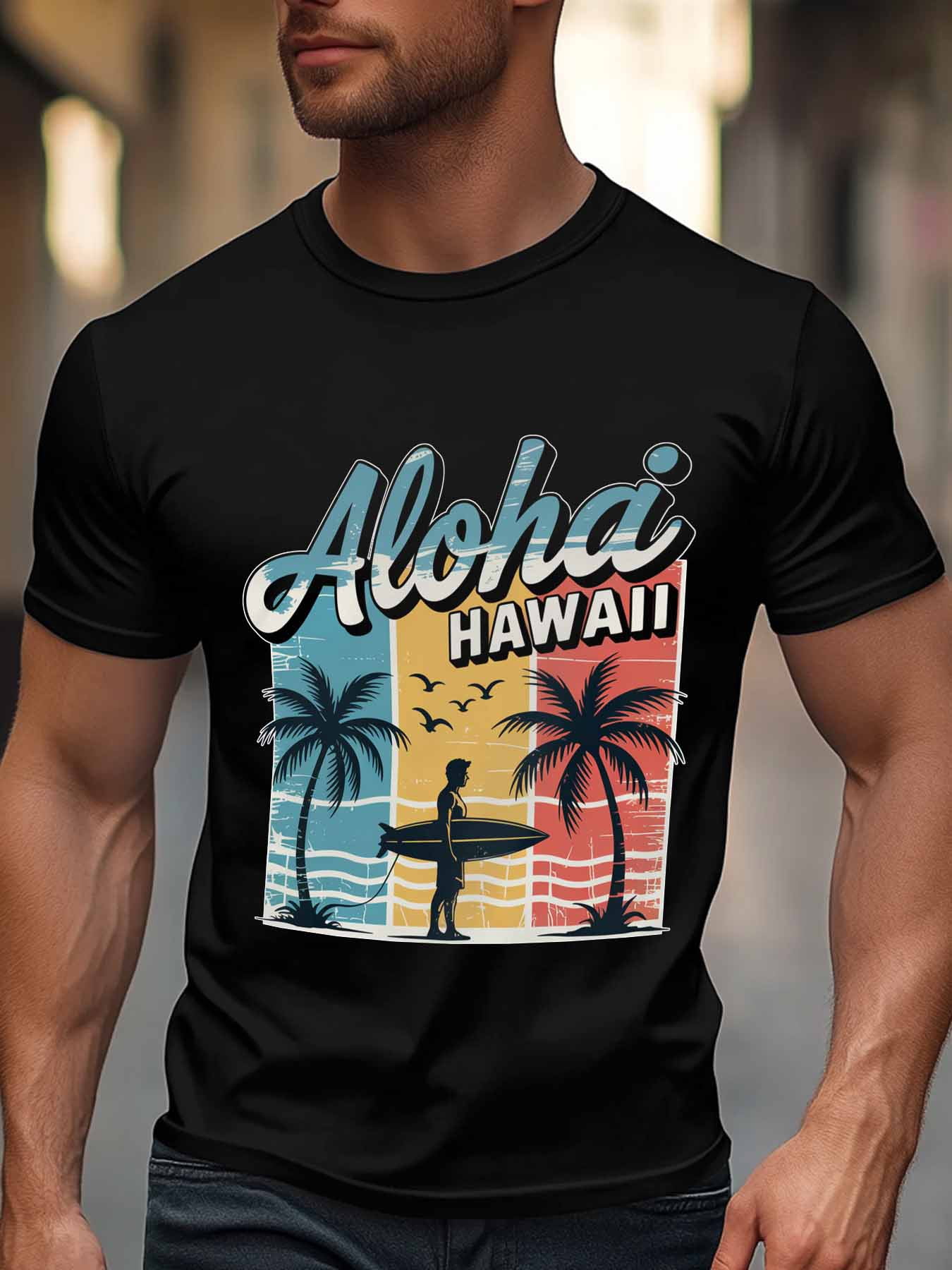 Men's T-Shirt Aloha Hawaii Retro Beach Surfing Vacation Short Sleeve Casual Tee Classic Crew Neck T-Shirt for Men, Black M
