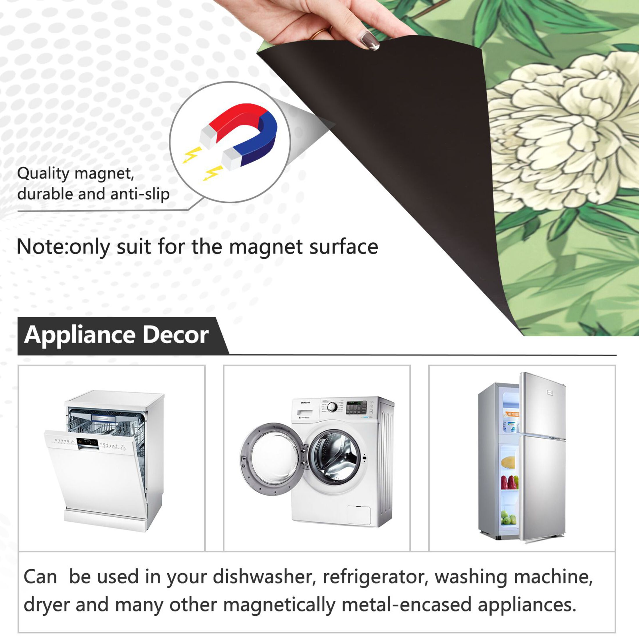 Dishwasher Magnetic Refrigerator Magnet Cover Sticker Home Decorative 23"x26" White Peony and Bamboo